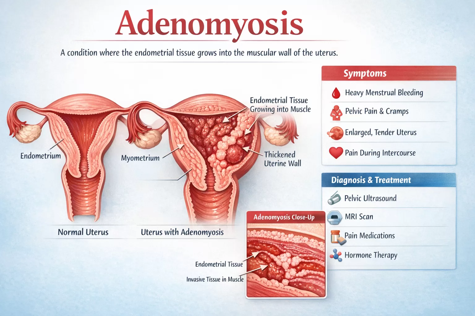 Illustration of adenomyosis showing the endometrium growing into the myometrium with symptoms and treatment options detailed
